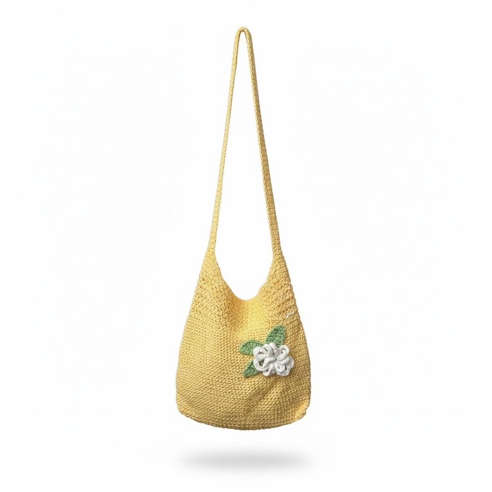 Hand Crocheted Yellow Shoulder Bag with Floral Detail Boho Festival Purse